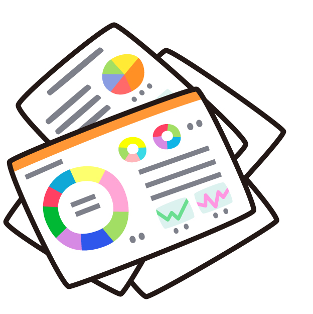 円グラフやデータが記載された資料のイラスト